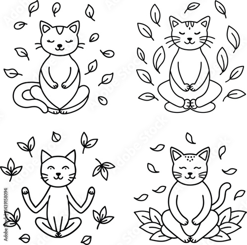 Cartoon cats meditating in lotus position with falling leaves outline