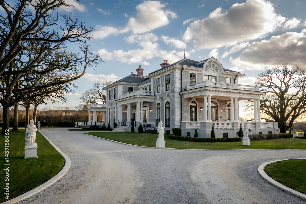 Fototapeta premium Elegant Mansion with Circular Driveway