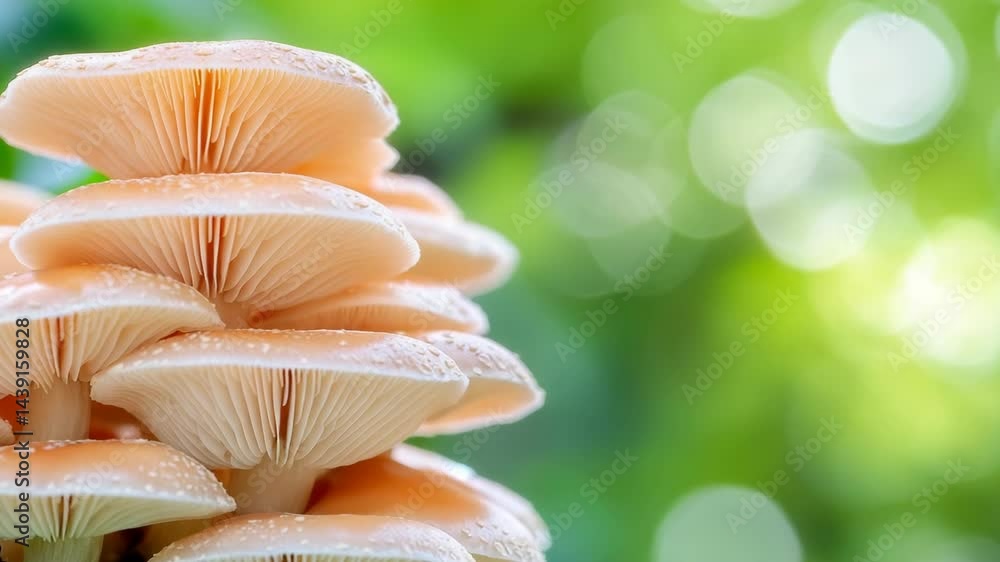 Mushrooms growing in a lush forest area during a sunny day with soft green bokeh background Mushrooms growing in a lush forest area during a sunny day with soft green bokeh background