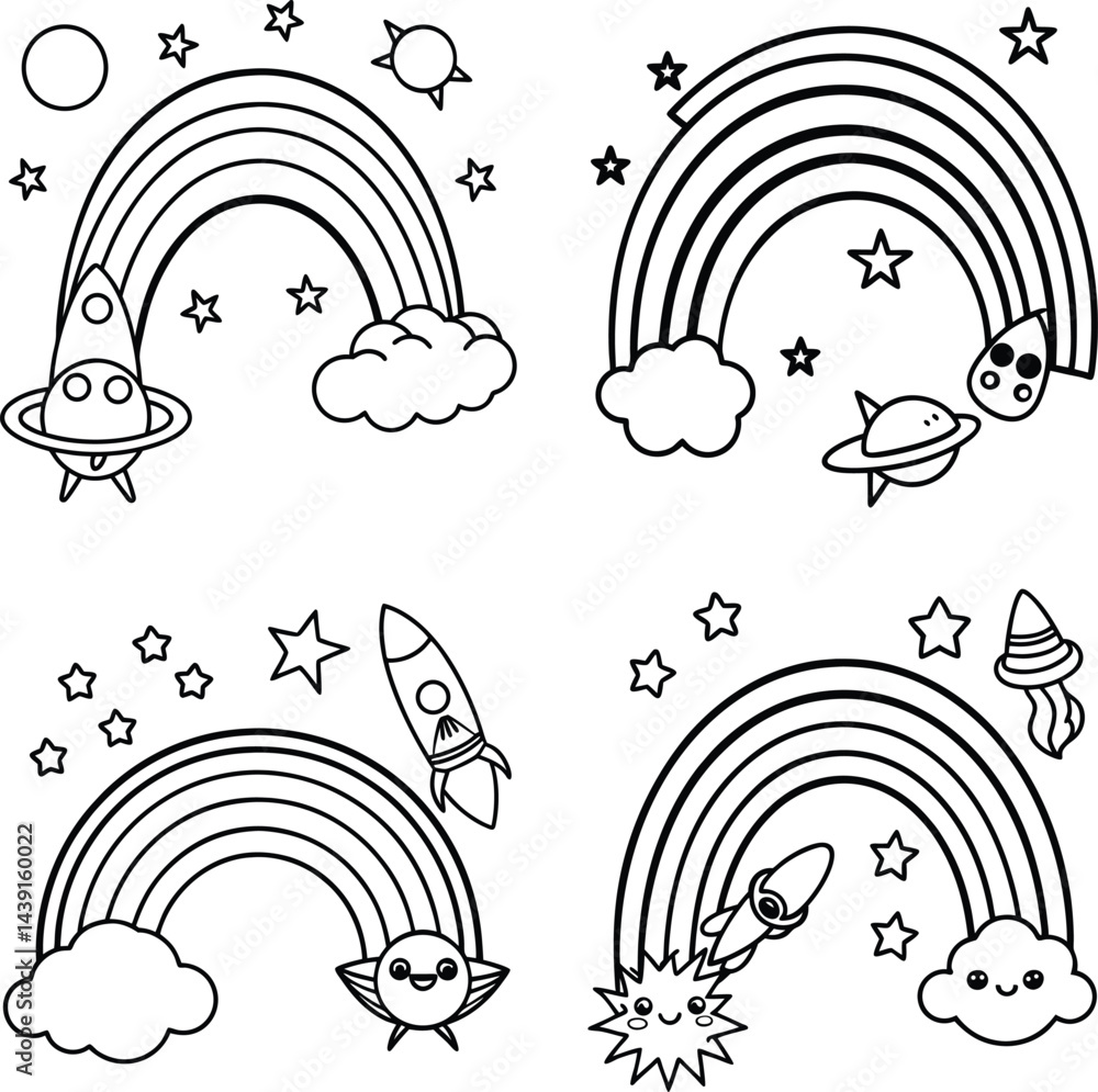 Fototapeta premium Line art rainbows space rockets and stars illustration for coloring page designs