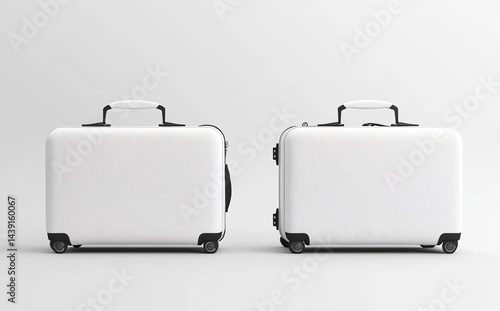 3D render of a white suitcase mockup set, isolated on a white background, showing the front view and side view. A blank luggage bag template mock-up for advertising design with copy space. A travel su