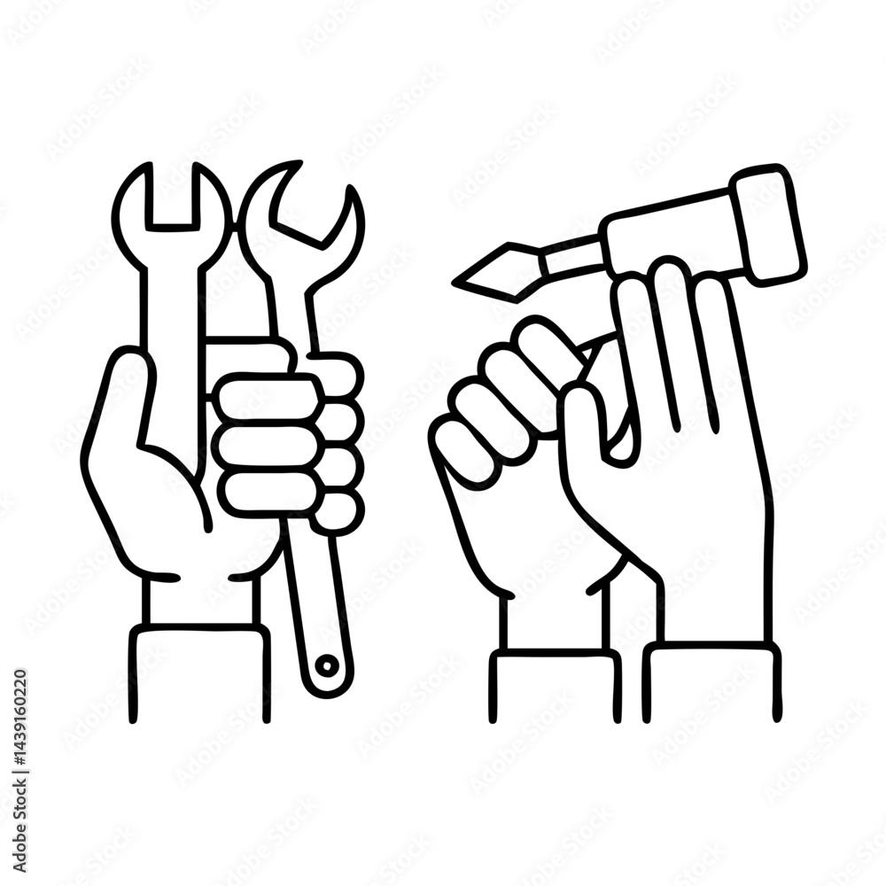 Fototapeta premium hands holding tools icon, hands holding tools line art - simple line art of hands holding tools, perfect for hands holding tools logos and icons