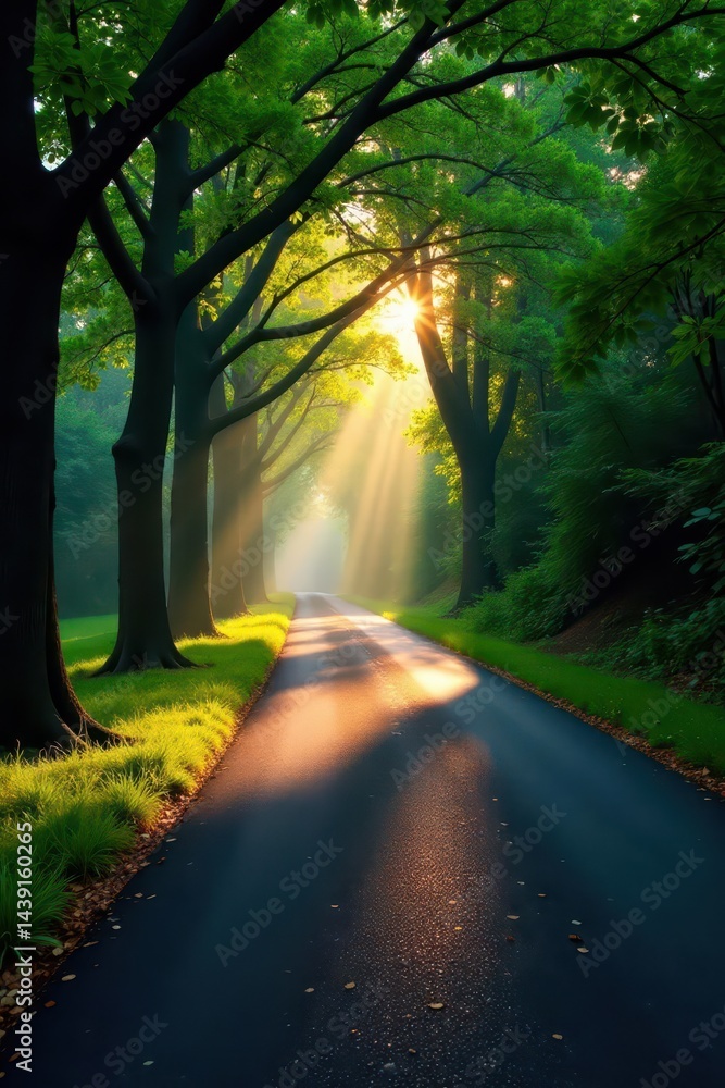 Obraz premium Asphalt road curves gently through ancient trees, early morning light , tall, peaceful
