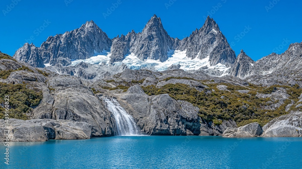 Obraz premium Majestic mountain peaks, waterfall cascading into serene turquoise lake