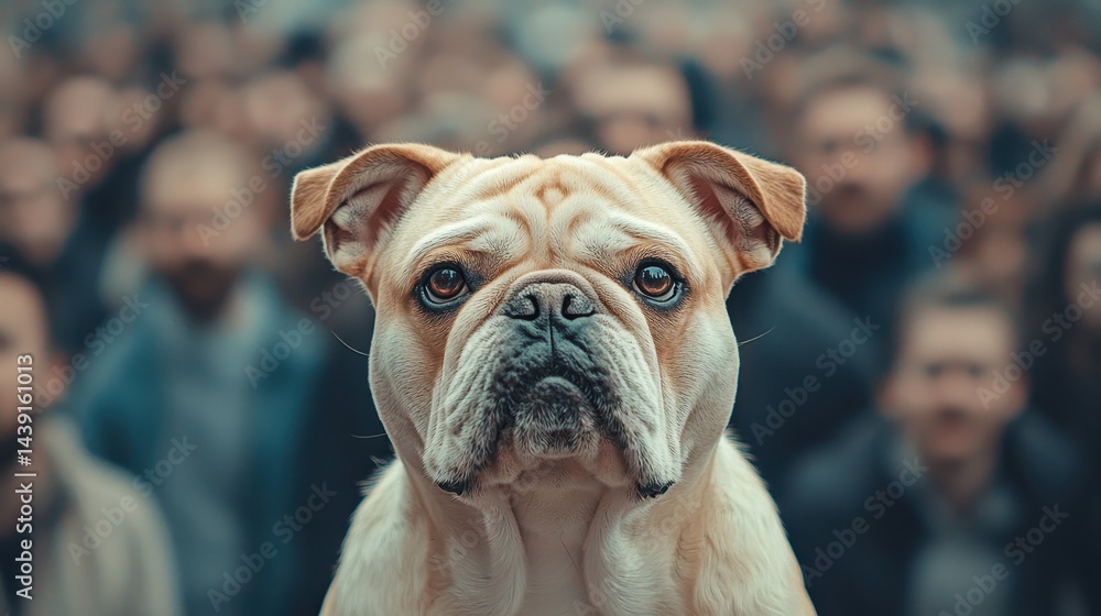 Bulldog in Focus Amidst Crowd of People, Captivating Expression and Unique Perspective on a Busy Street Bulldog in Focus Amidst Crowd of People, Captivating Expression and Unique Perspective on a Busy Street