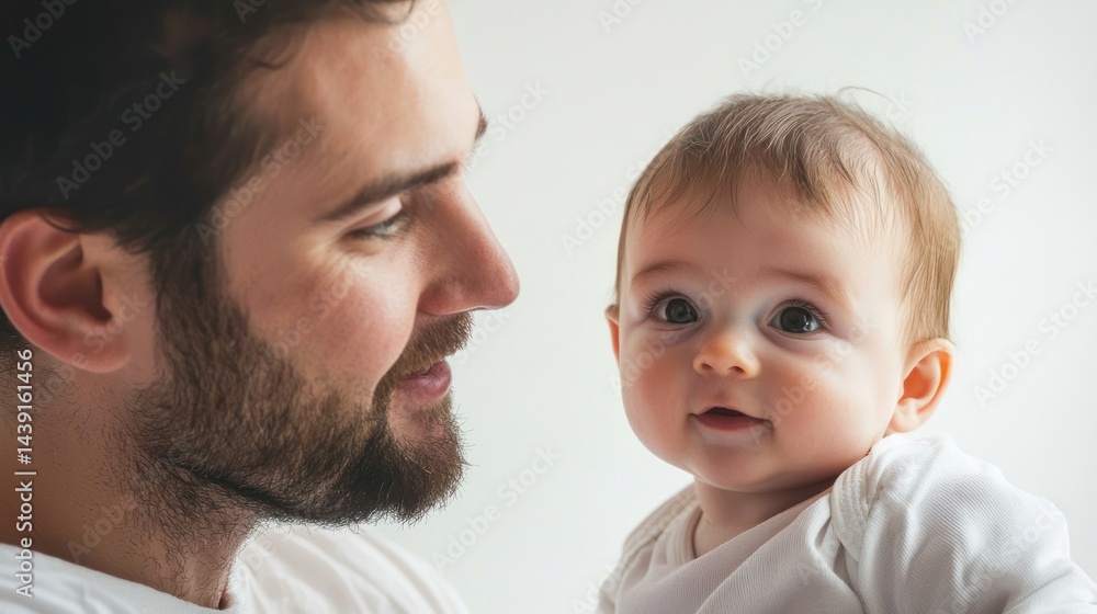 Father and baby enjoying a quiet moment together, both looking at each other with love, on a white background Father and baby enjoying a quiet moment together, both looking at each other with love, on a white background