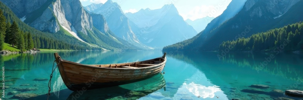 Obraz premium Old wooden boat gently floats on crystal clear alpine lake against majestic peaks , summer, clouds