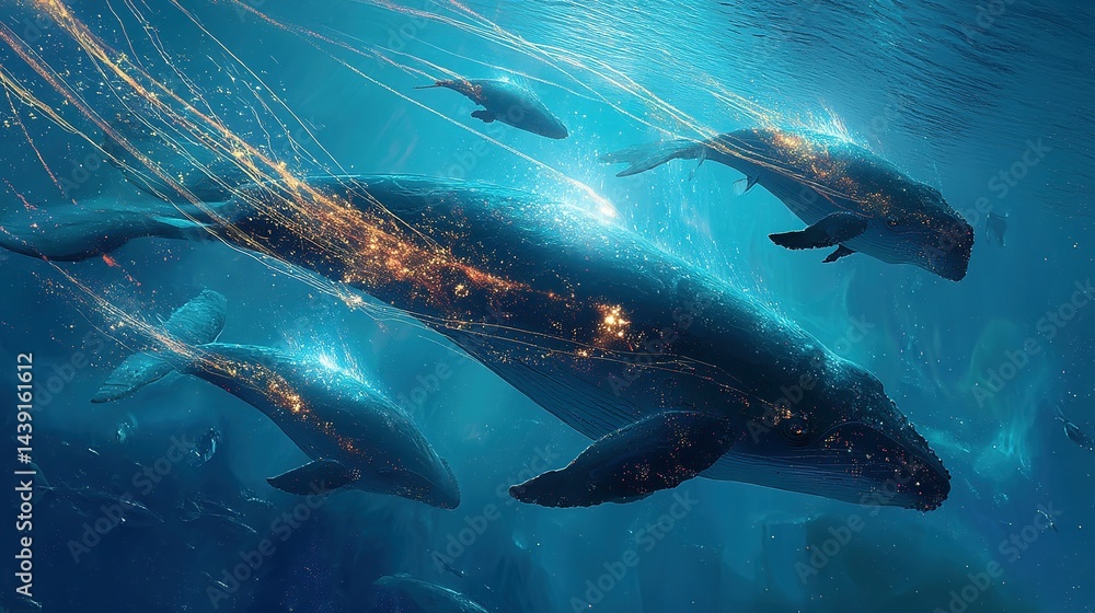 Fototapeta premium Underwater whales with illuminated cityscapes, a fantastical scene.