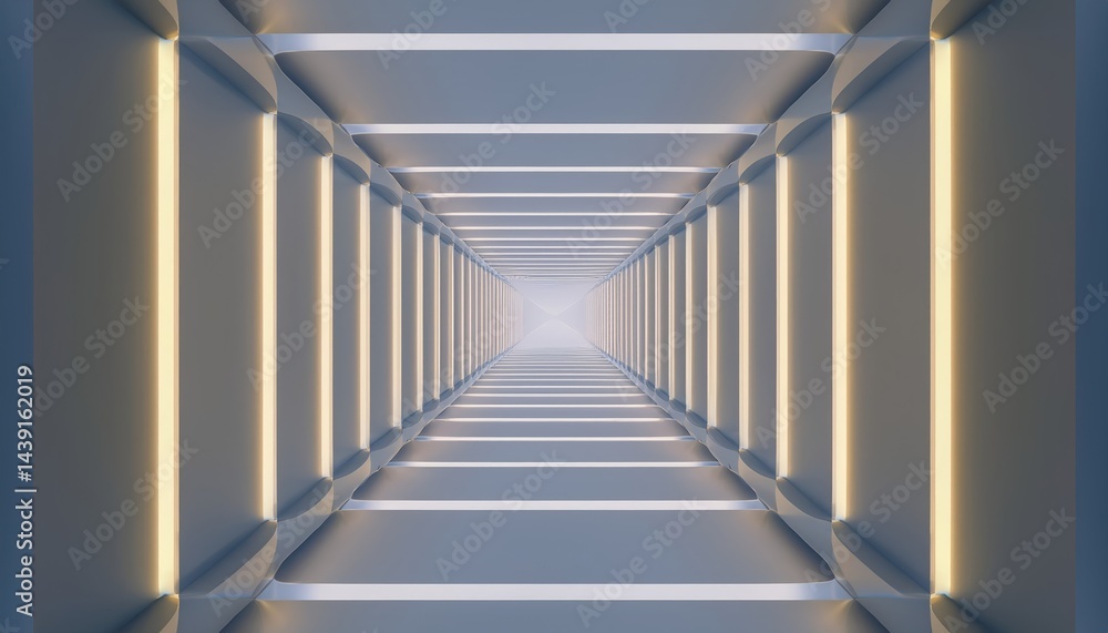 Fototapeta premium A futuristic hallway stretches to a bright light at the end