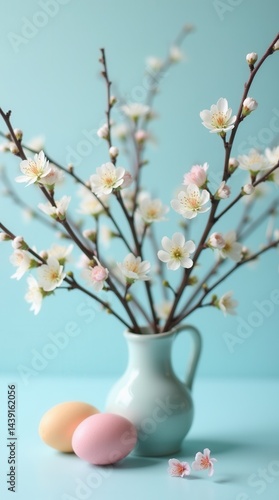 Peaceful spring blossom branches in small pitcher with Easter eggs
