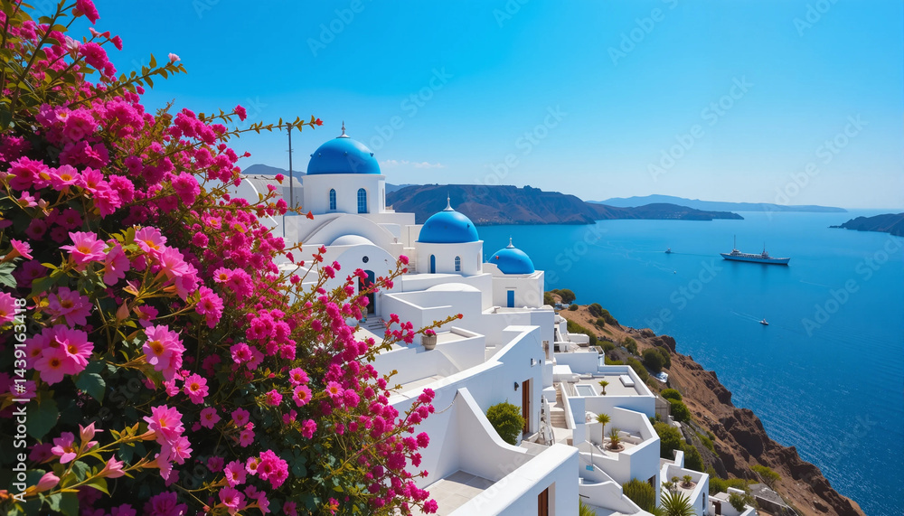 Fototapeta premium Santorini Island White Buildings and Blue Domes on Cliffside Overlooking Ocean