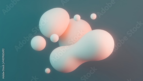 Abstract forms float against a teal backdrop illuminated with warm light