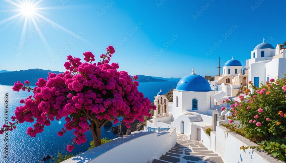 Fototapeta premium Santorini Flower Sea Greek Village Bright Sky