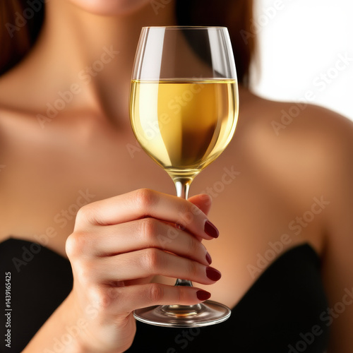 Elegant female hand holding glass of white wine, manicured nails, black dress, sophisticated, close up, celebration