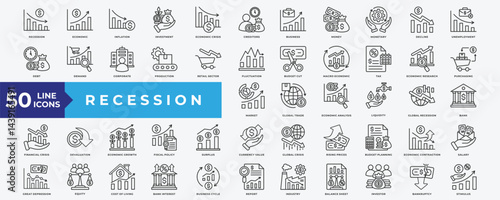 Recession icon set with recession, economic, inflation, investment, economic crisis, business, money, monetary, global recession, economic analysis, economic growth and budget planning 
