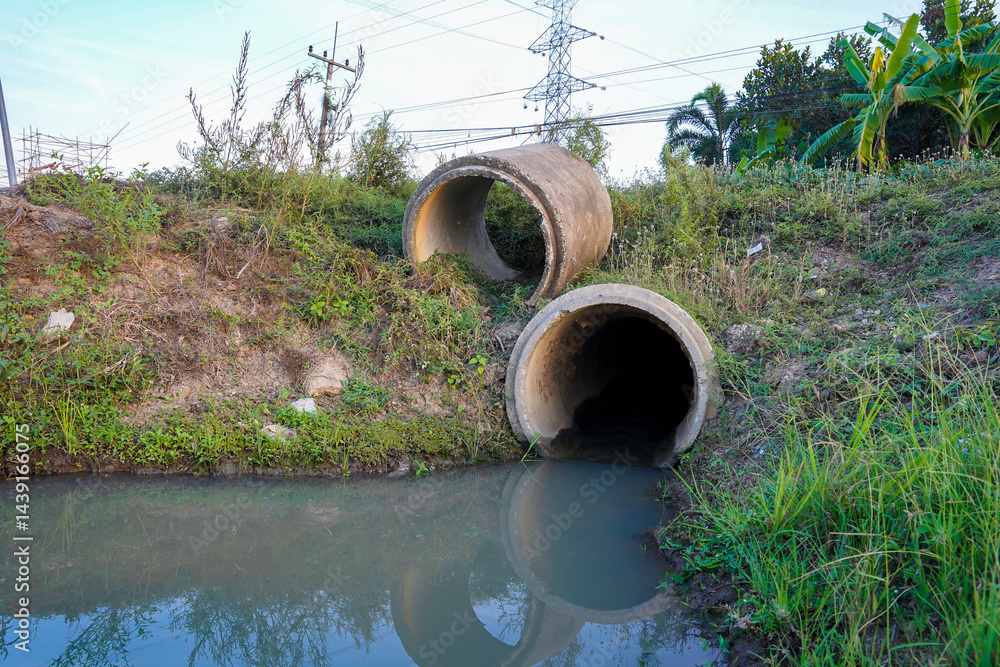 Two large concrete drainage pipes on grassy embankment, one above other, with water flowing into small pond, outdoor scene