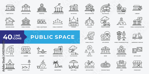 Public Space icon set with Post Office, Health Clinic, Hospital, Government Office, Tax Office, Police Station, Bus Station, Fire Station, Library, Public School, airport, bank and transportation