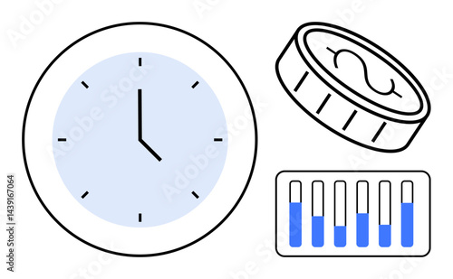Clock displaying time, coin symbolizing finances, and progress bar indicating goals. Ideal for time tracking, budgeting, personal growth, productivity, planning, workflow simple landing page