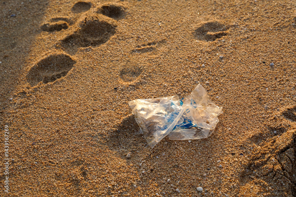 Plastic waste sandy beach environmental pollution human footprint nature summer outdoor ecology conservation