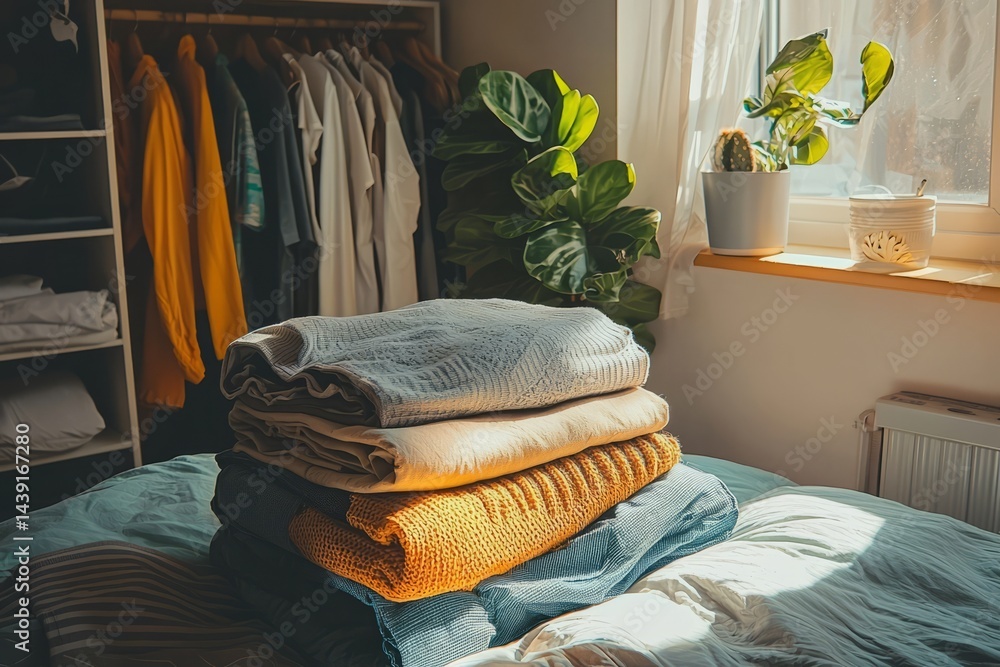 A bedroom with a capsule wardrobe and folded clothes. A student keeps outfits simple to avoid buying more. The mood is intentional and calm