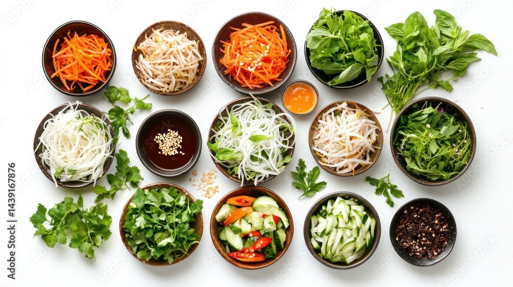 Flat lay of Vietnamese noodle salads with herbs and dipping sauces on white background. Flat lay of Vietnamese noodle salads with herbs and dipping sauces on white background.