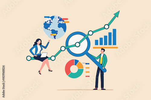 Research and development, analyze data for insight information to improve or optimization, market research to increase growth concept, business people researching with magnifying glass and computer.
