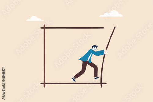 Pushing limits challenge yourself to overcome boundary, effort and strength to push over limit, attitude to success, get out of comfort zone for freedom, businessman pushing to break boundary box.