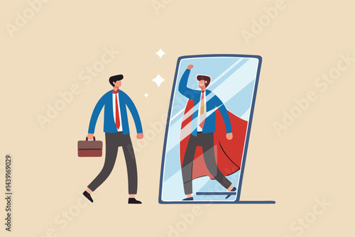 Self confidence or self esteem believe in yourself, positive attitude to success, ambition or determination to achieve goals, businessman looking at his strong ideal self superhero reflection mirror.