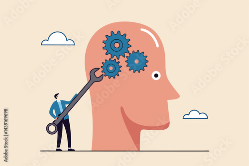Change mindset or attitude, psychology or brain training to learn new skill to success, mentor or coaching concept, businessman with wrench to adjust gear cogwheels on human head metaphor of mindset.