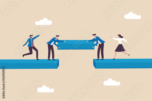 Build business bridge connect path together, solution or teamwork idea, cooperation or collaboration to success together concept, business people team help building the bridge to connect the way.