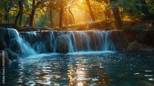 small forest waterfall, bathed in amber light