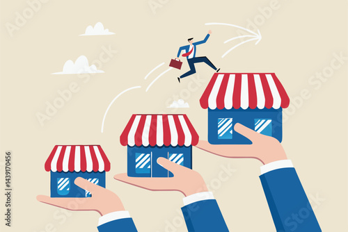 Expand storefront growing business, franchise license or business growth opportunity, marketing to improve retail store and achieve success, confidence businessman jumping on bigger franchise shop.
