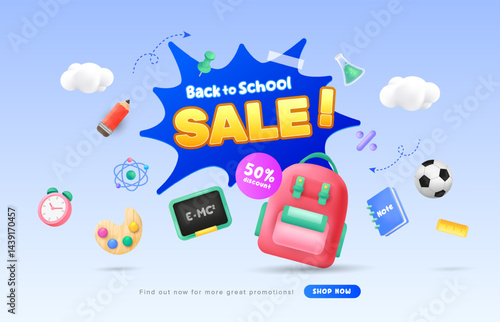 Speech sale bubble style back to school background design. 3d sale concept elements. Vector illustration template for banner, web and promotion.