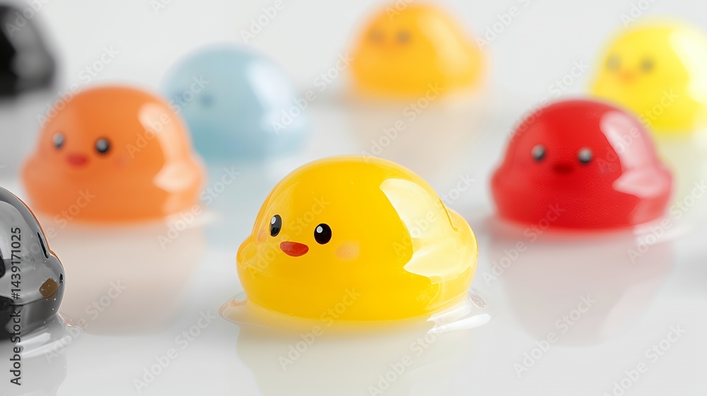 Colorful Gelatinous Shapes with Smiling Faces on White Surface Colorful Gelatinous Shapes with Smiling Faces on White Surface