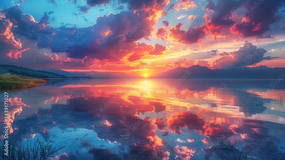 Naklejka premium sunrise over calm lake, warm sky reflections