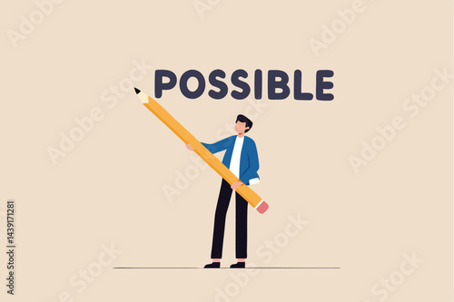 Make it possible, erase im word from impossible and believe we can do it, challenge or hope to overcome difficulty and achieve success concept, businessman using eraser to delete im from impossible.