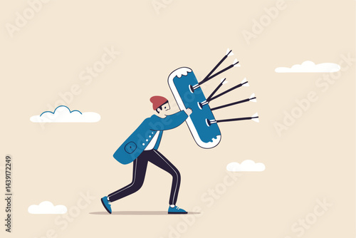 Shield protection from threats, security attack or business risk, insurance or safety guard to protect from threatening concept, strong businessman with armor and shield to protect from bow arrows.