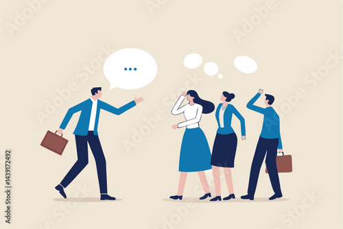 Convincing people persuade to believe in idea, influence or persuasion in meeting argument, charm or leadership concept, businessman convincing colleagues influence to believe in his idea.