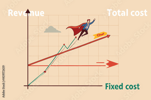 Break even point, business strategy plan revenue growing up to break point and business earn profit, success company growth concept, businessman super hero flying as revenue on break even diagram.