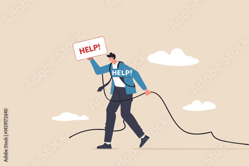 Need help and support to solve problem, desperate or burnout from overworked, request or ask for help concept, frustrated businessman with messy line on himself holding help placard with hopelessness.