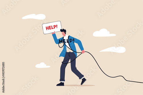 Need help and support to solve problem, desperate or burnout from overworked, request or ask for help concept, frustrated businessman with messy line on himself holding help placard with hopelessness.