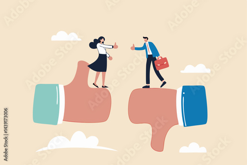 Conflict and argument between colleagues, controversy or difference opinion, disagree, confrontation or rivalry fighting concept, businessman and woman furious arguing on difference thumb up and down.