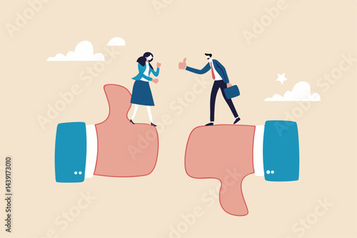 Conflict and argument between colleagues, controversy or difference opinion, disagree, confrontation or rivalry fighting concept, businessman and woman furious arguing on difference thumb up and down.