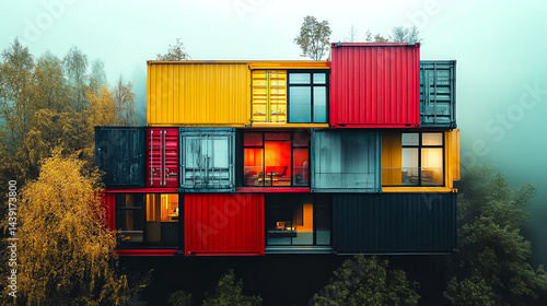 Stacked Cargo Containers Forming a Colorful Building Amongst Trees on Misty Day photo