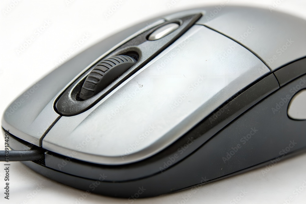 Close-up of computer mouse with scroll wheel detail, clean isolated. Close-up of computer mouse with scroll wheel detail, clean isolated.