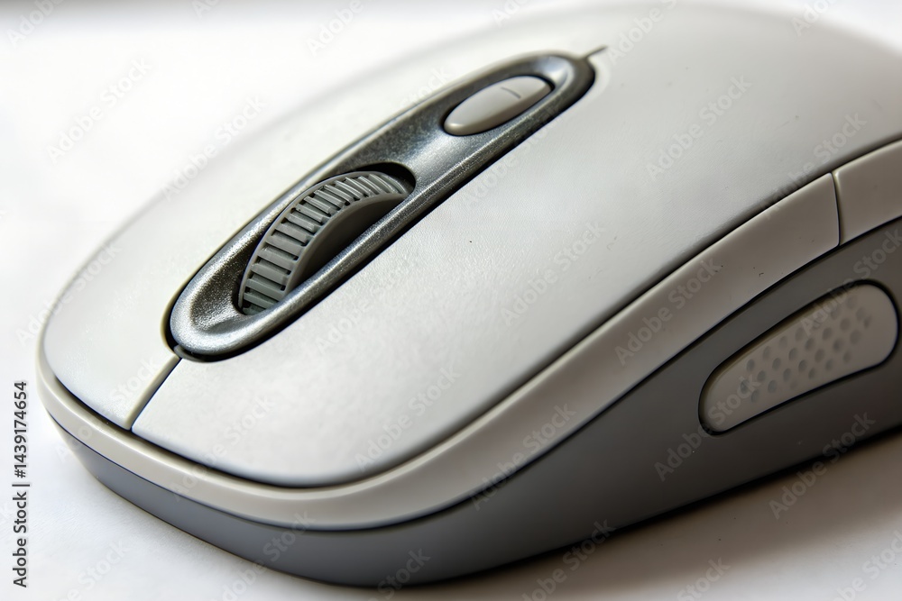 Close-up of computer mouse with scroll wheel detail, clean isolated. Close-up of computer mouse with scroll wheel detail, clean isolated.