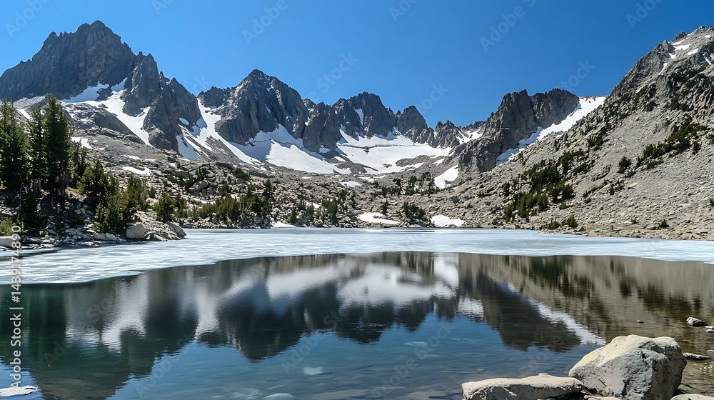 Obraz premium 76. icy lake reflecting mountain peaks