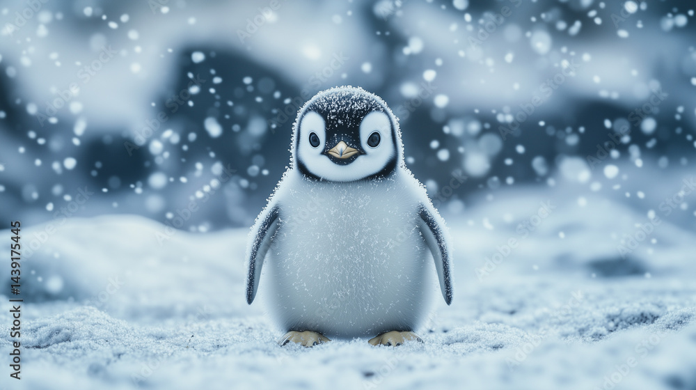 Fototapeta premium Penguin in cold weather with falling snow