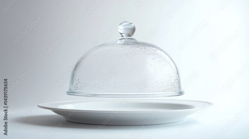 Frosted glass serving cloche raised above a white plate on white background. Frosted glass serving cloche raised above a white plate on white background.