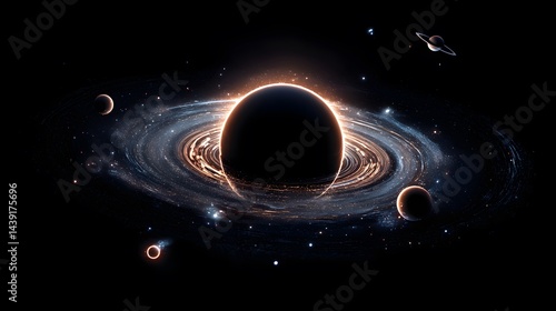A dramatic space scene features a large black hole surrounded by swirling galaxies, planets, and distant stars. The dark void captivates viewers.